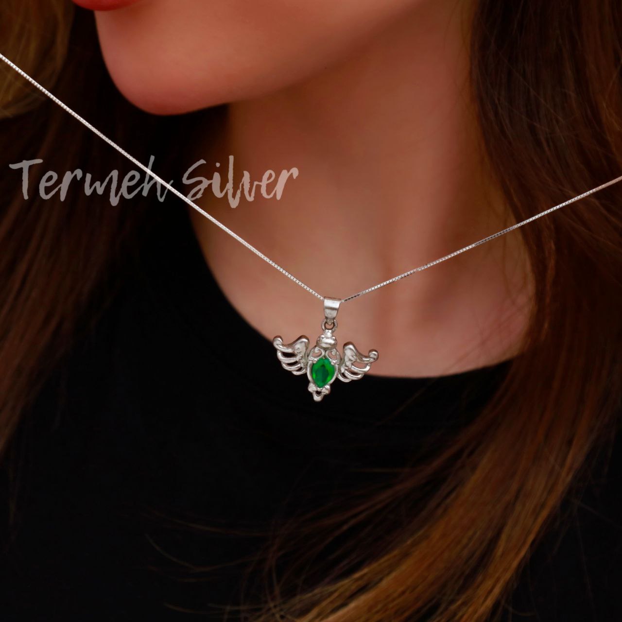گردنبند نقره بال فرشته سبز MT 1238 1 گردنبند نقره بال فرشته سبز MT 1238